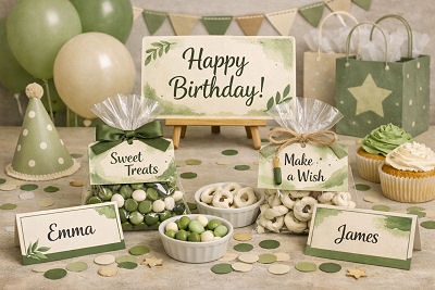 Birthday bag toppers and placement mini tent cards preview